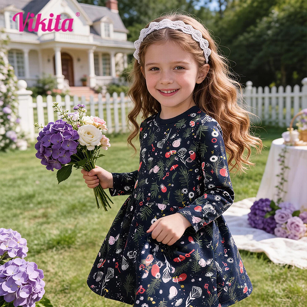 VIKITA Kids Floral Print Dress Girls Long Sleeve Autumn Spring A Line Dresses Girl Cotton Casual School Daily Dress Kids Clothes