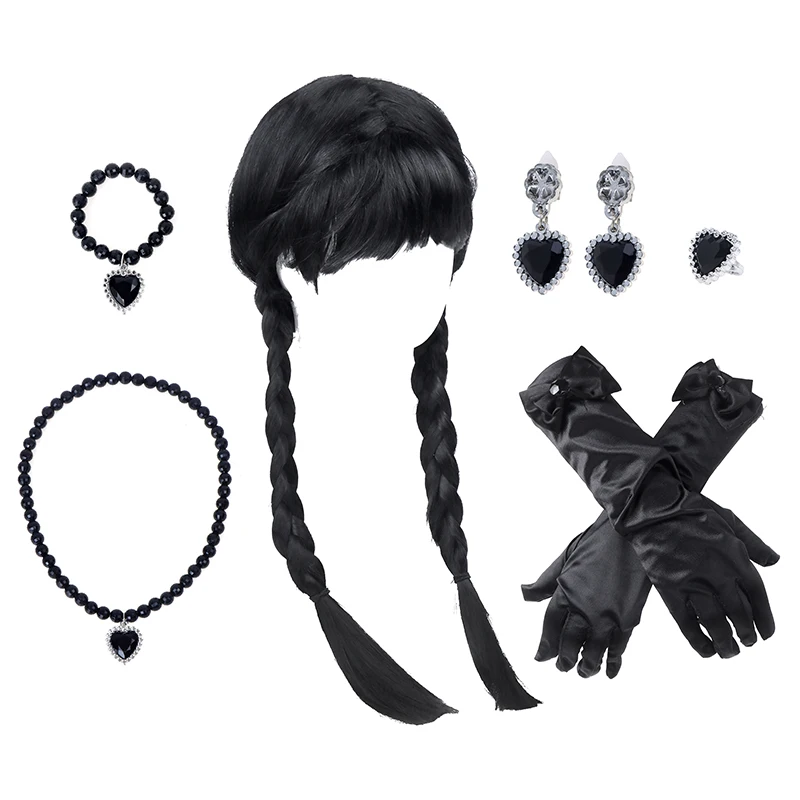 

1Set Wednesday Addams Cosplay Costume Wigs Necklace Earrings Bracelet Gloves Adult Kids Dress Halloween Party Costumes