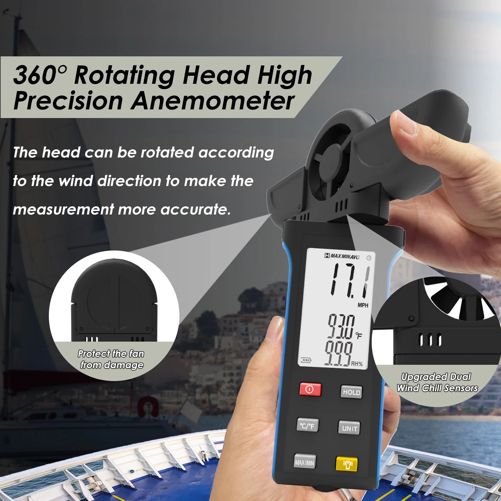 Digital Anemometer Wind Speed Meter Temp Humidity MAX/MIN/AVG Data Hold Backlight 2 AAA Holdpeak 5000K