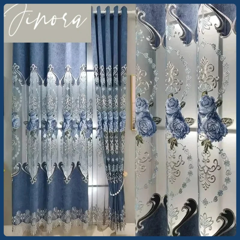 

European Exquisite Embroidered Curtains for Living Room Bedroom High Quality Blue Gray Chenille Curtain Decoration Customized