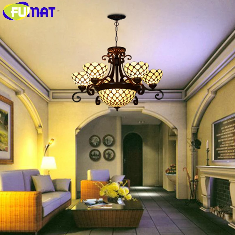 FUMAT Stained Glass Chandlier European Style Classic Light Living Room Hotel Glass Art Light Fixtures Curtain Beads Chandeliers