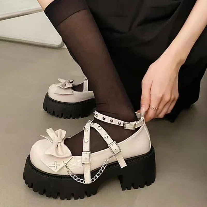 Women\'s Mary Jane Shoes Lolita Solid Color Spring 2024 Hot Sale Fashion Butterfly Knot Outdoors Thick with Non-slip Female Shoes