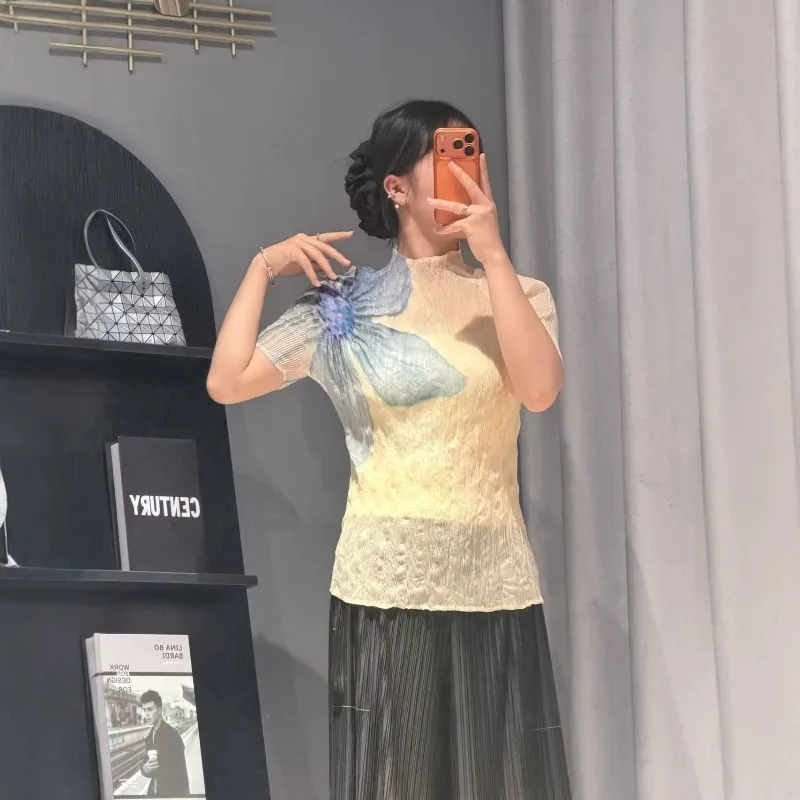 Miyake Pleated 2026 New Printed Half-High Neck Short Sleeve T-Shirt for Women Artistic Ink Painting Pattern Slim Fit Texture Top