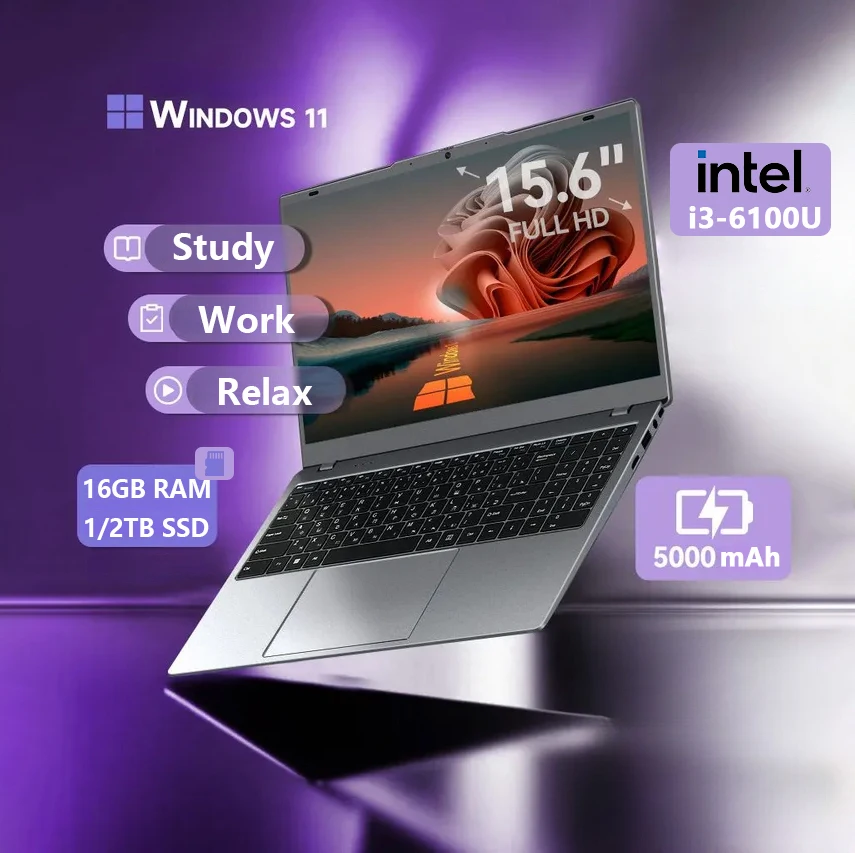 ANLUAN 15,6 "Intel Core i3 6100U ordenador portátil Windows 11 Pro 16GB RAM 512GB 1TB SSD portátil Notebook PC Oficina estudio portátiles