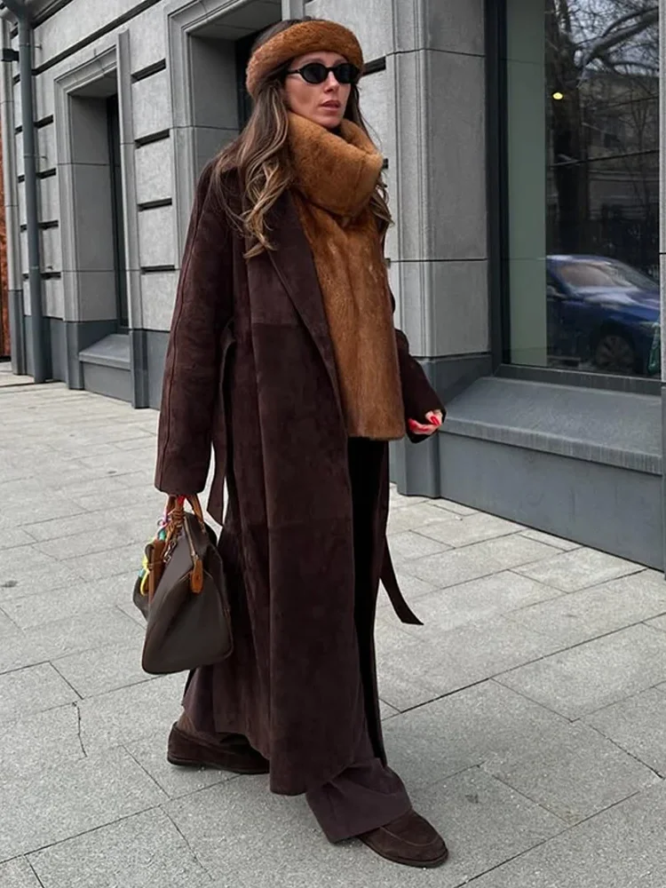 

Brown Lace Up Woolen Coat Off Women Chic Solid Lapel Long Sleeve Loose Jacket 2025 New Lady Autumn Daily Commute Street Outwears