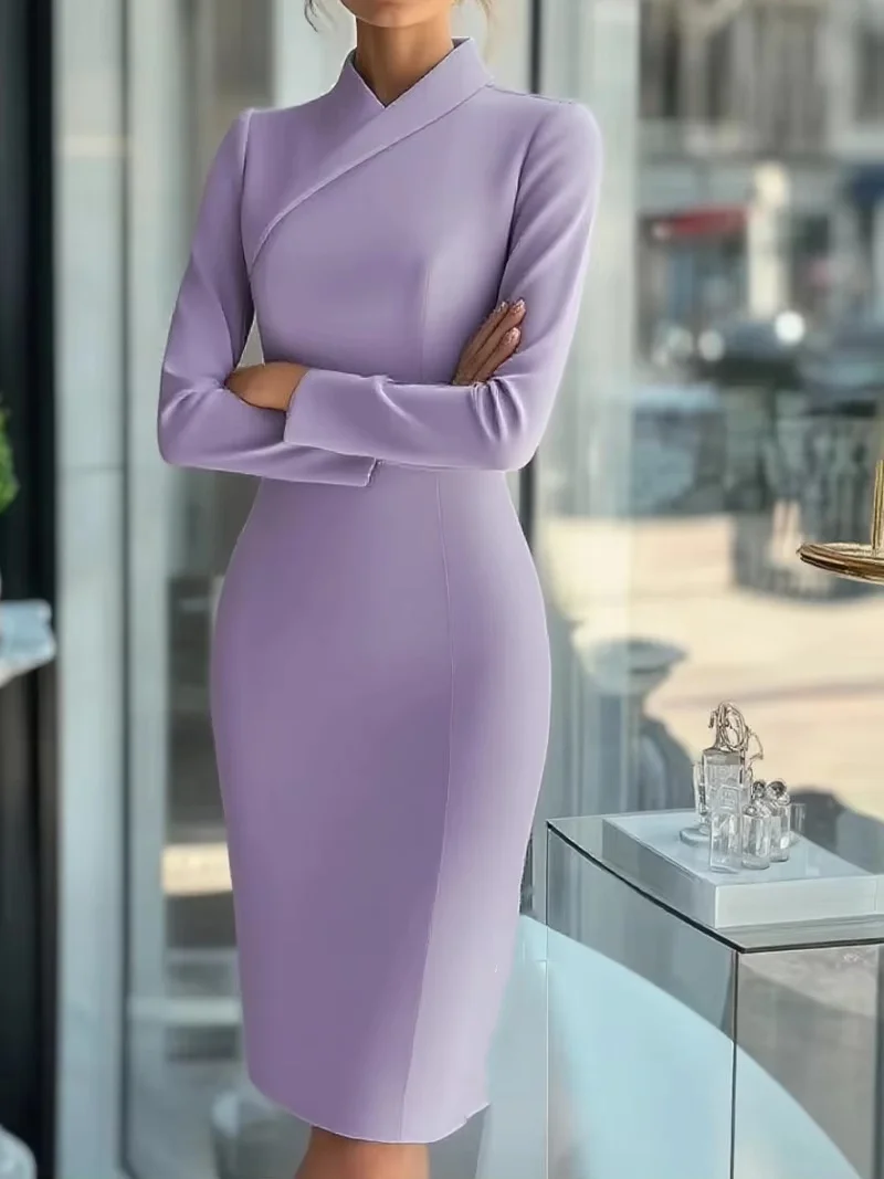 Slant neck long sleeve bodycon knee-length dress. Neat cut flatters your figure. Premium fabric, custom sizes available. Suitabl