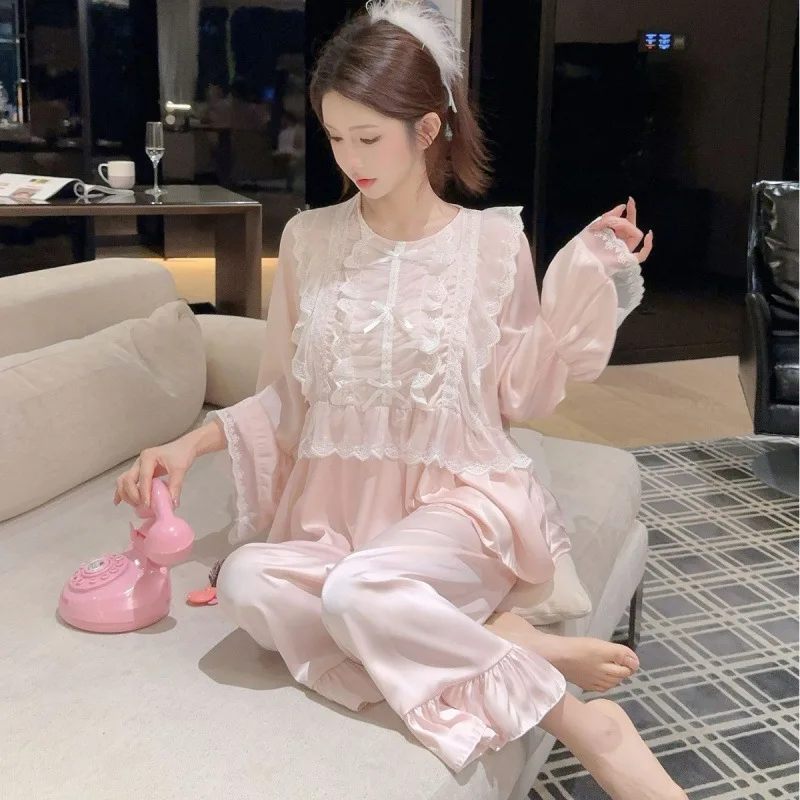 Autumn Winter Sleepwear Pajamas Set Women Sexy Satin Lace Nightwear Nightgown 2Pcs Tops&pants Homewear Intimate Lingerie Nightie