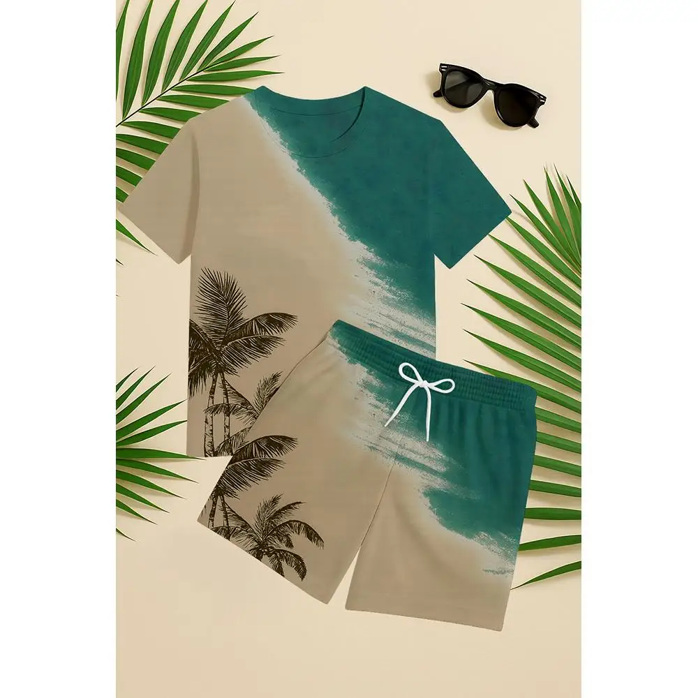 

Men's Tropical Beachwear Set Palm Tree Sunset Waves Printed T-shirts And Shorts Summer Casual Quick-Drying Vacation Essentials