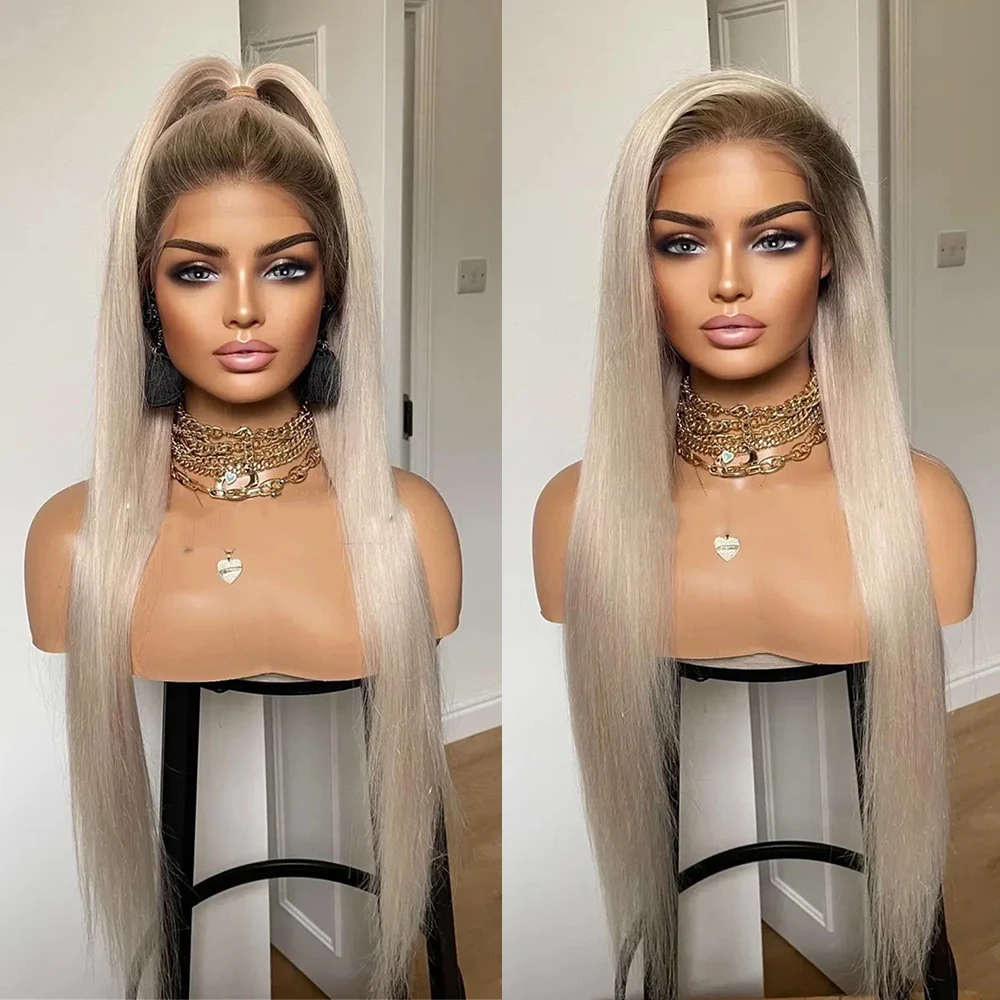 

Rooted Platinum Blonde Lace Front Wig 28" Straight Hair with Dark Roots HD Lace Heat Resistant Synthetc Wigs for Women Daily Use