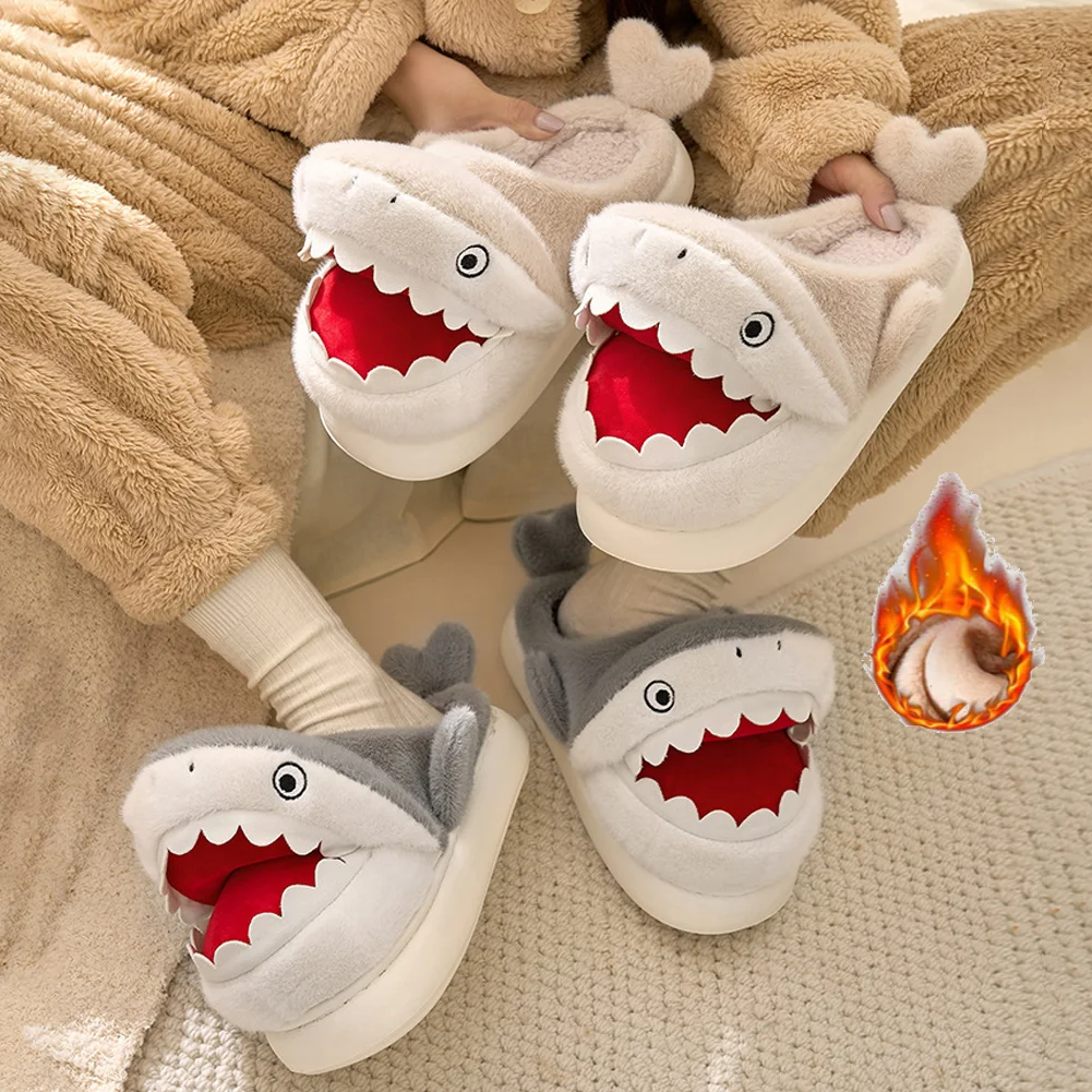 Winter Cute Children's Slippers Shark Shape Fluffy Non-slip Mule Designer Cartoon Kids Adult Warm Indoor Home Cotton Shoes