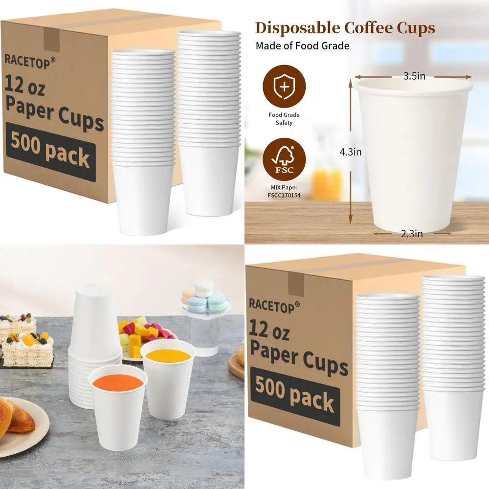 

12 oz Disposable Paper Coffee Cups, 500 Pack, Perfect for Hot Beverages, White