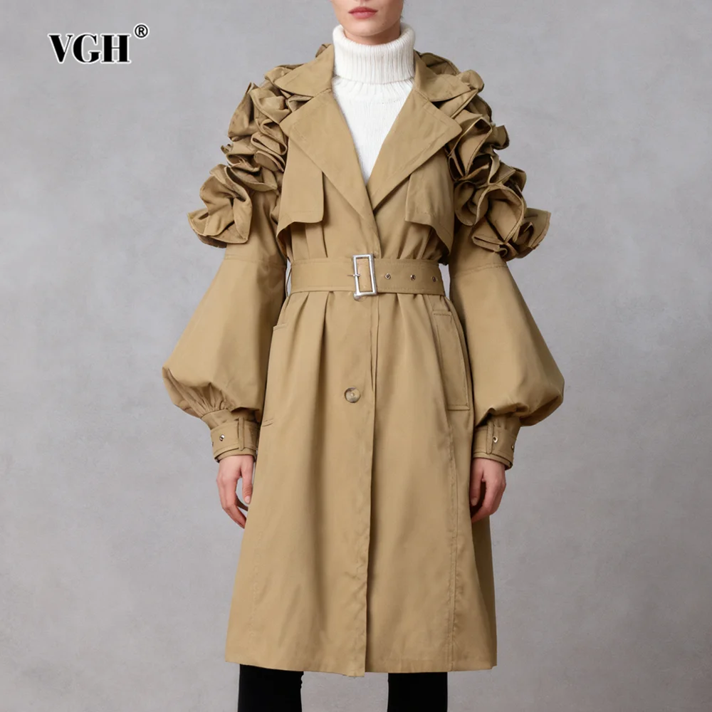 

VGH Дизайнерский однотонный плащ с рюшами для женщин с v-образным вырезом и длинным рукавом на шнуровке Осенние шикарные куртки выше колена Женская мода