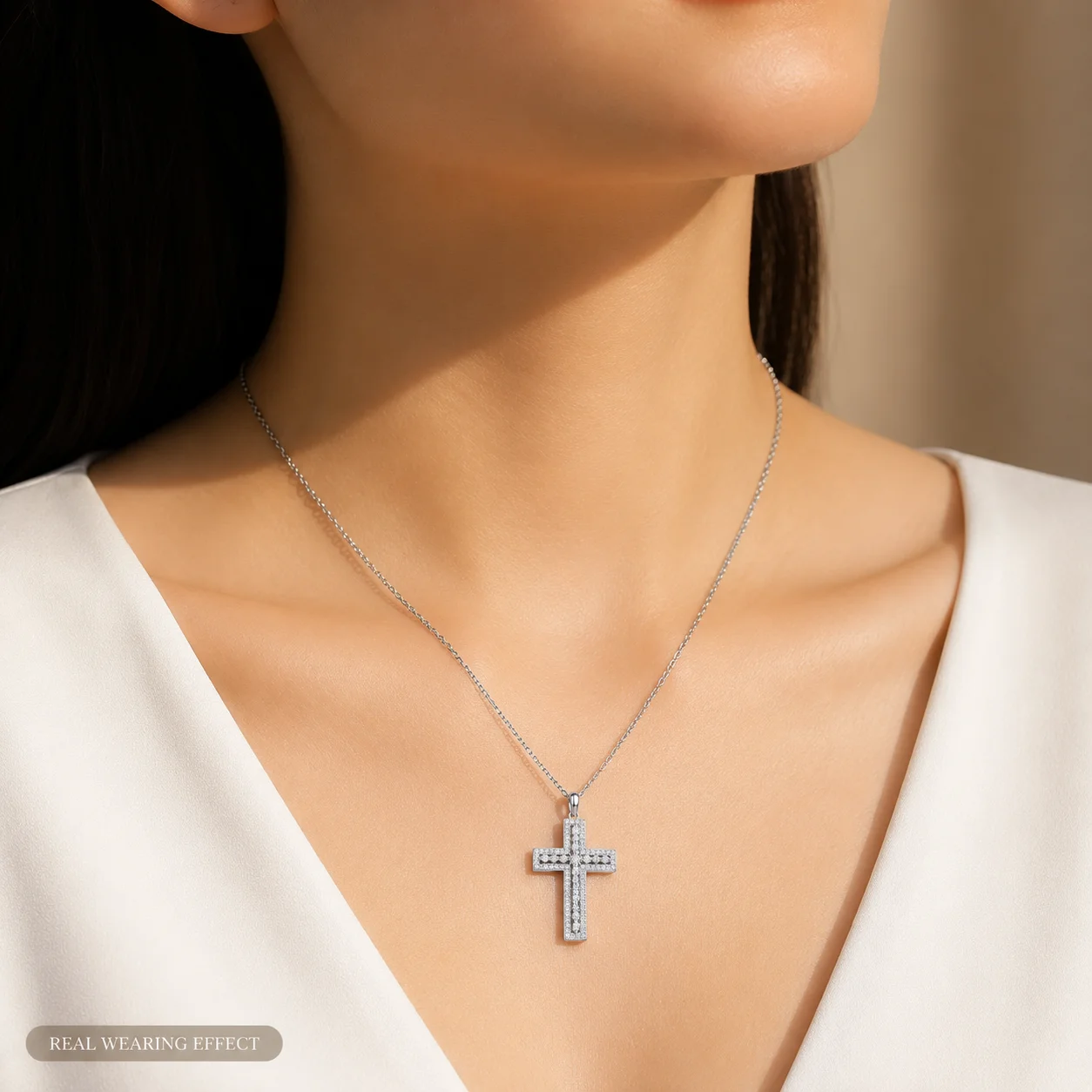Moissanite Cross Pendant Necklace S925 Sterling Silver Platinum Plated Pave Christian Faith Jewelry Gift for Women D Color VVS1