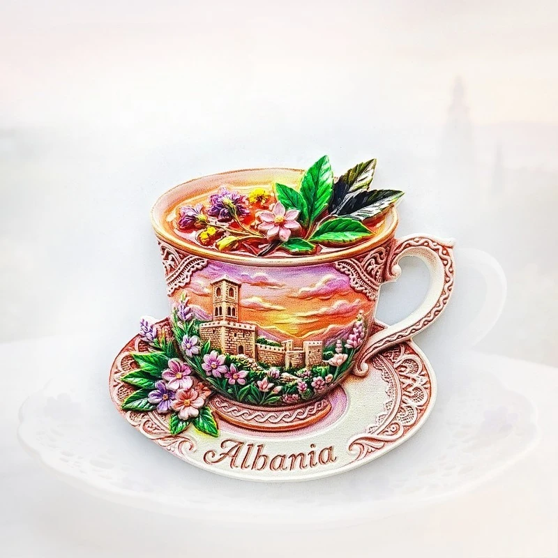 Albania Teacup Castle Fridge Magnet - Rustic 3D Old World Souvenir Unique Balkan Heritage Gift for Travel & Tea Lovers Decor