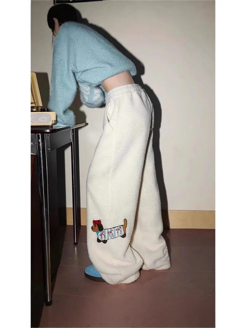 Embroidered Trousers For Men And Women, Winter Fleece Casual Cotton Trousers, Northeast Cold-proof Wide-leg Trousers