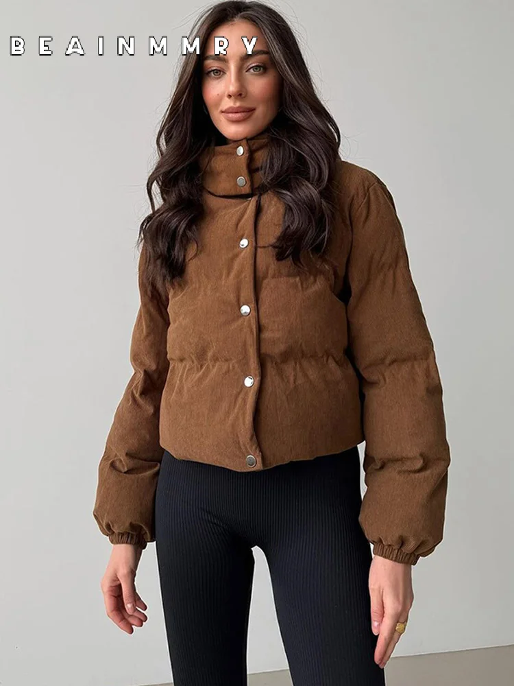 Manteau en duvet de daim à boutonnage simple pour femme, veste courte marron, sweat à capuche col montant, vêtements d'extérieur chauds pour femme, mode élégante, hiver 2024