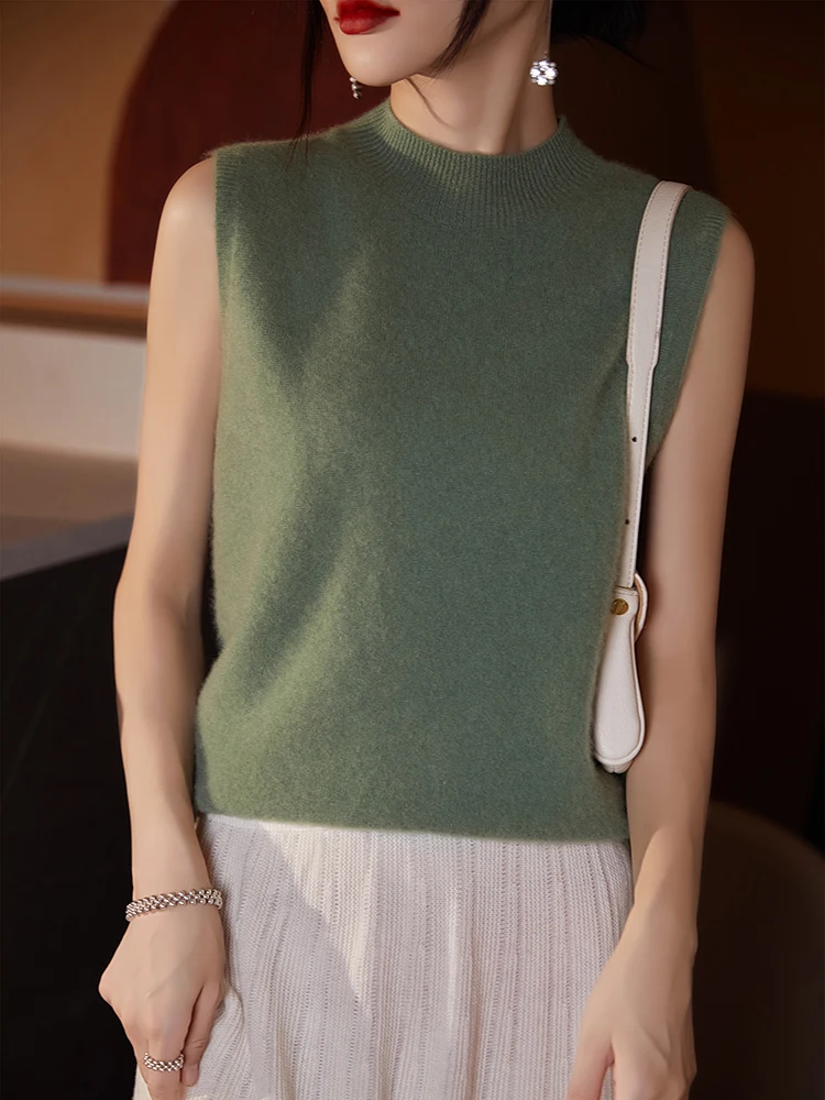 New 100% Merino Wool Knitwear Pullover Vest Women Half High Collar Sleeveless Sweater Simple Style Soft Spring Summer Korean Top