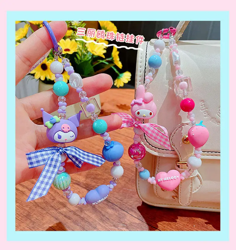 Sanrio Cartoon Kuromi Hello Kitty Cinnamoroll Melody Pendant Keychain Keyring Action Figures Phone Chain Strap Bead Chain Gifts