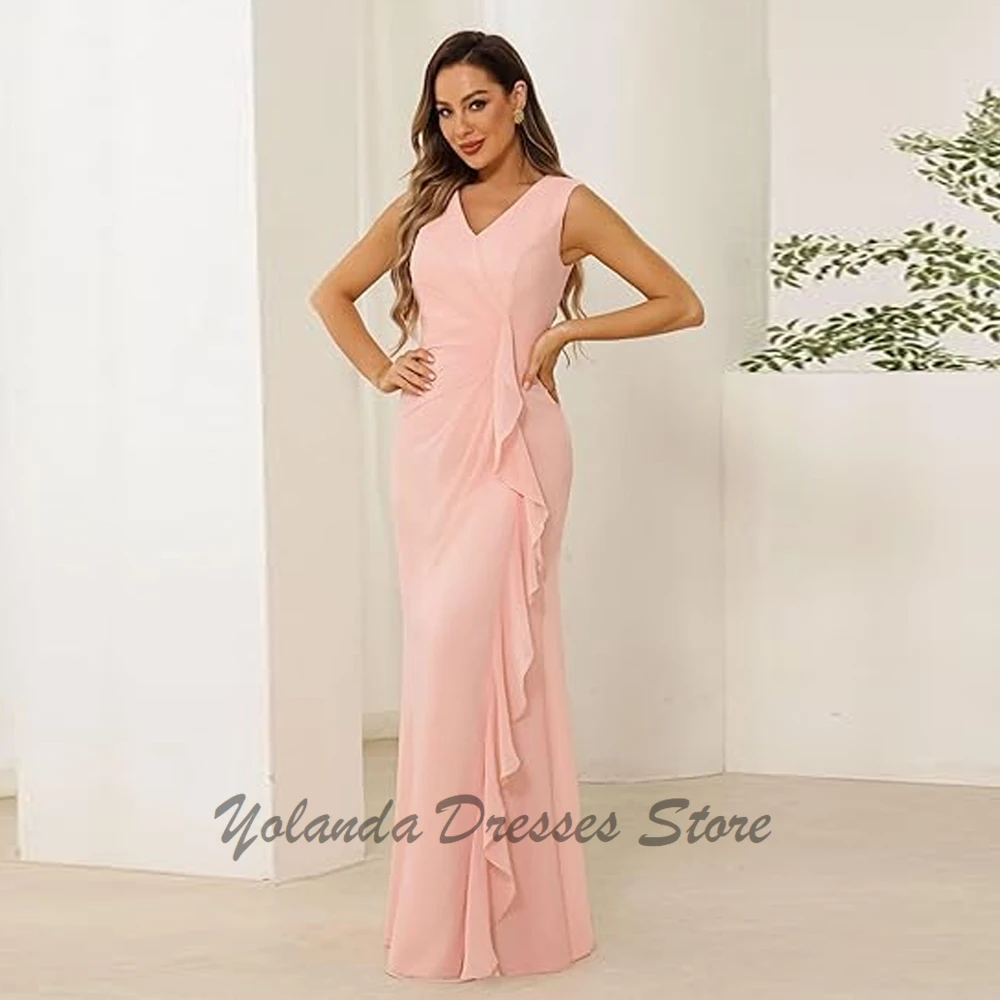 Simple V Neck Mother of The Bride Dresses Zipper Back Chiffon Formal Evening Gown Floor Length Sleeveless Pleated Mermaid 2025