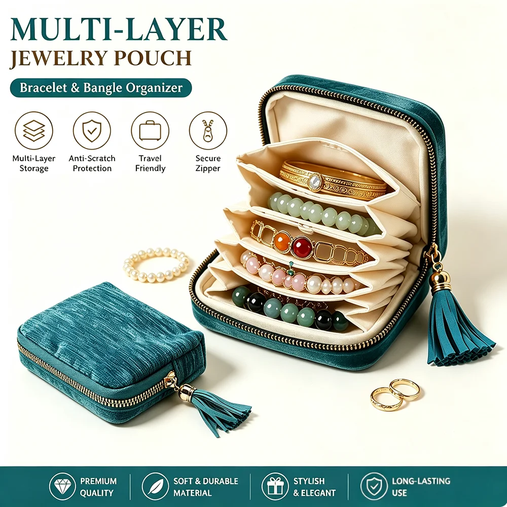 5-Layer Jewelry Storage Bag Velvet Jewelry Pouch Bags for Watch Bracelet Rings Earring Crystal Portable Travel Jewelry Case