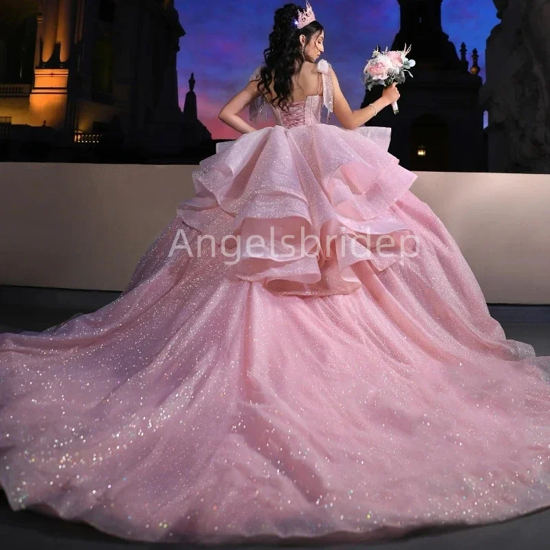 Angelsbridep vestido De Fiesta rosa, quinceañera, vestido escalonado De tul brillante, dulce De 16 niñas vestido De baile, vestido De Fiesta De cumpleaños