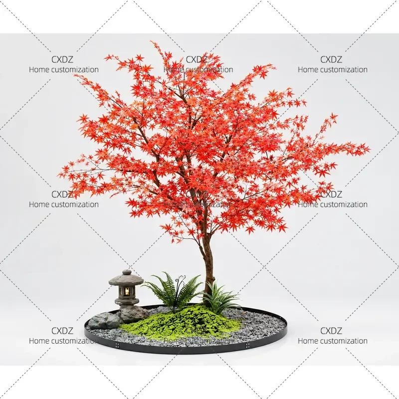 Simulation Red Maple Tree Large Artificial Bionic Plant for Indoor Stairwell Landscaping Floor Standing Fake Greenery Decor