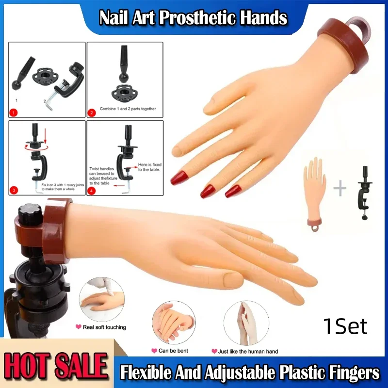 

1Set Nail Art Fake Hand Flexible Soft Adjustable Plastic Finger Practice Prosthetic Model Manicure Training Display Tool