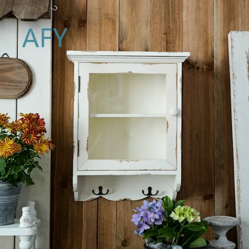 Rustic Wall Cabinet with Glass Door for Distressed Wood Storage Shelf with Hooks for Vintage Farmhouse Style for Living Room