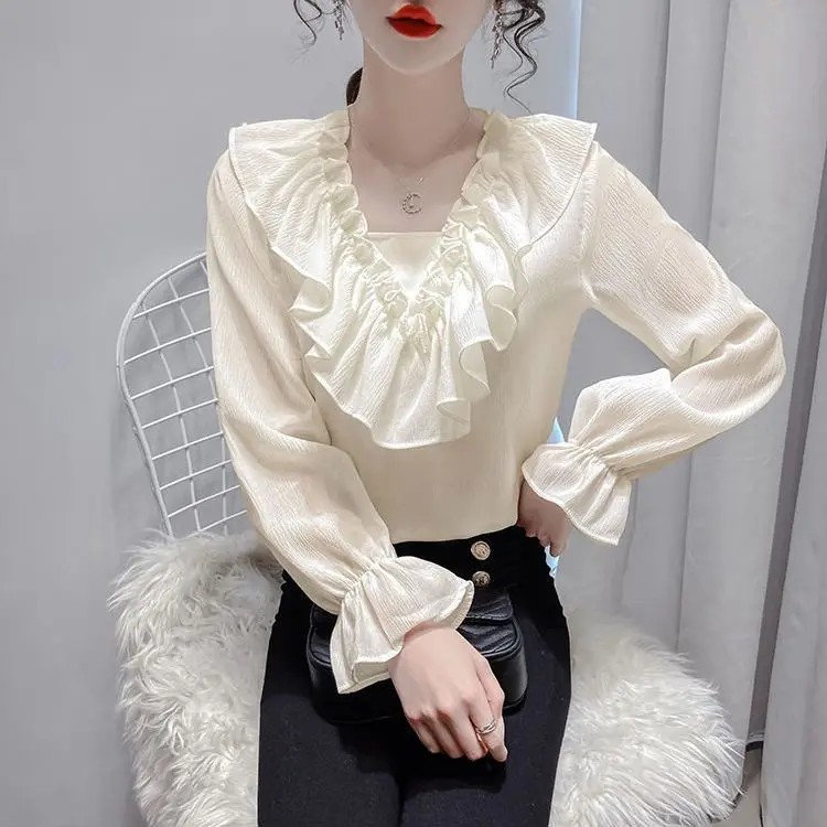 

Fashion V-Neck Solid Color Spliced Ruffles Blouses Women's Clothing Spring New Loose Casual Tops Butterfly Sleeve Shirts TT1031