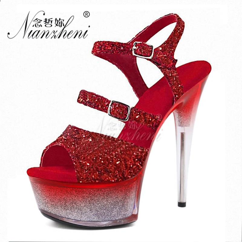 Women's 15CM High Stripper Heels Open Toe Platform Sandals with Flash Powder Buckle Strap Sexy 6-Inch Fetish Nightclub Show Foot