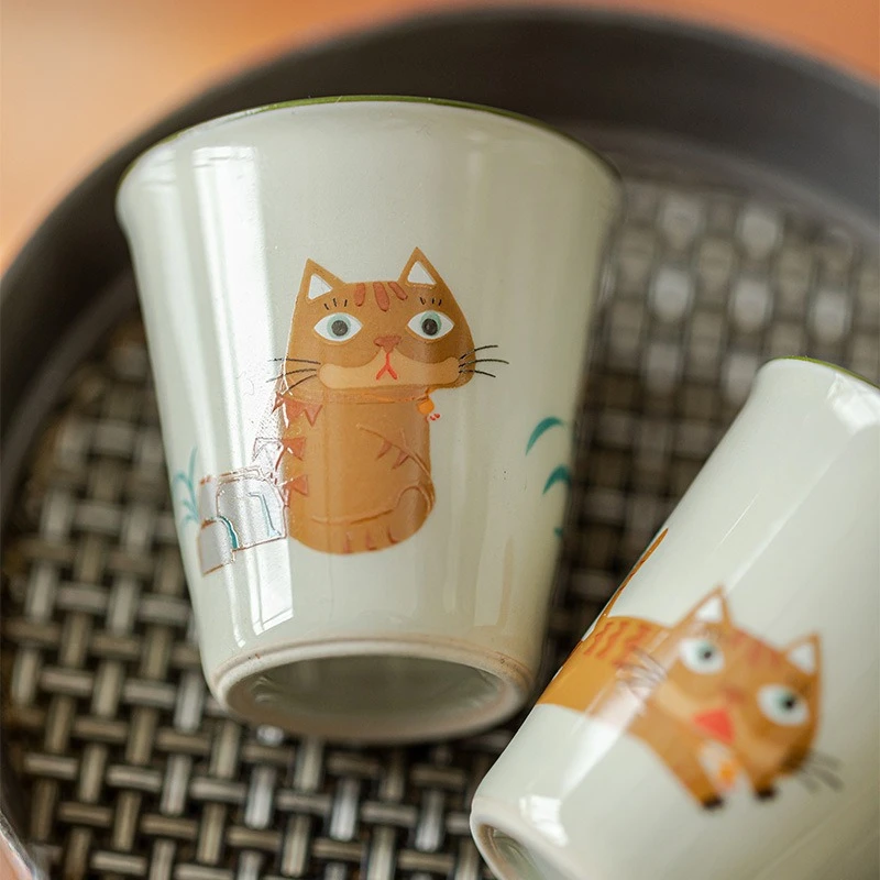 

Antique Hand-painted Cute Cats Teacups Ceramic Master Cup Chinese Kung Fu Set Household Tea Ceremony Personal Single Drinkware