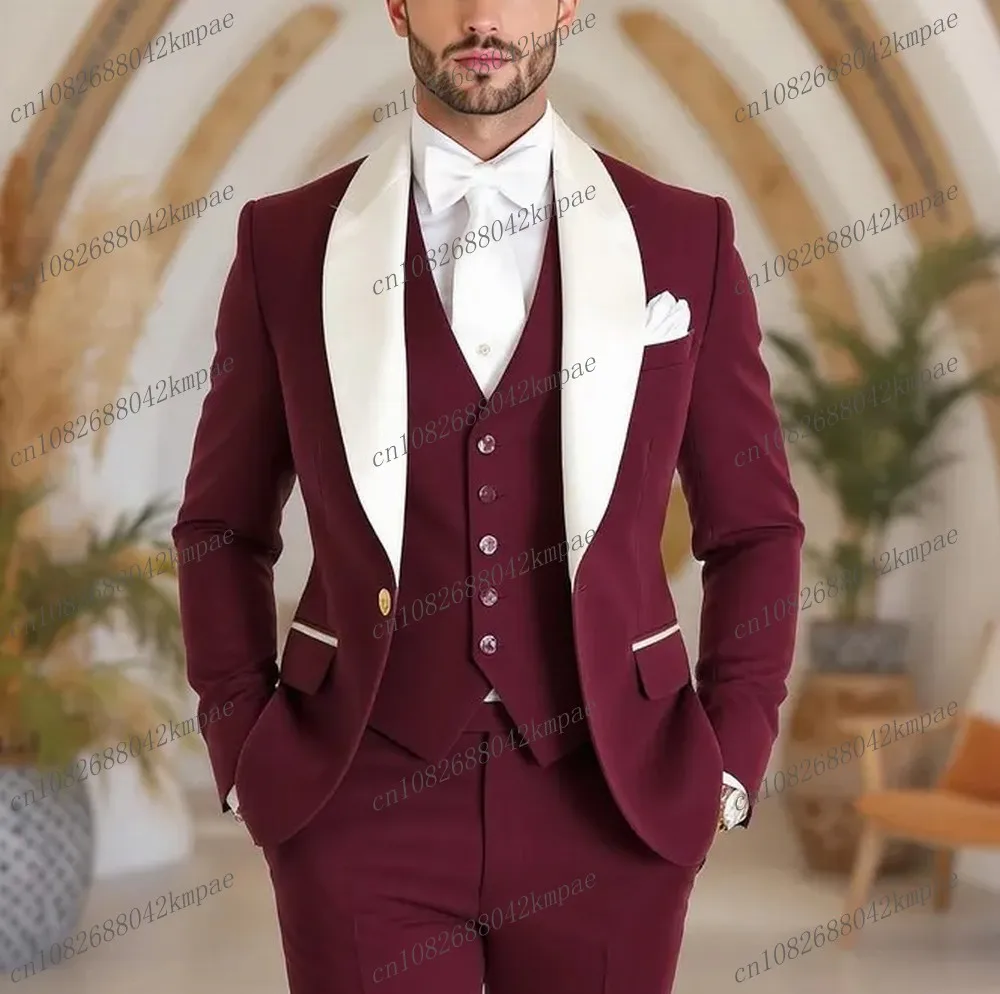 

White Collar Burgundy Formal Men Suit Groom Groomsman Wedding Party Prom Business Male Tuxedos 3 Piece Set Blazer Vest Pants