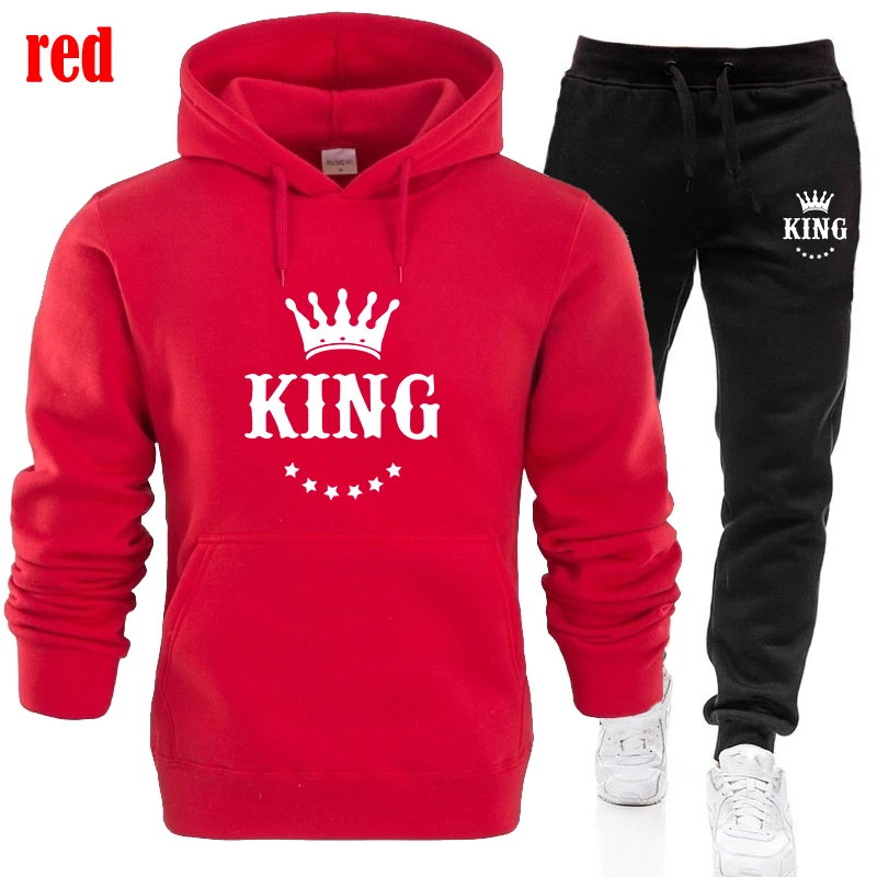 New KING and QUEEN Alphabet Couple Partner Fashion Hooded Suit Cartoon Funny Couple Hoodie + Pants 2-piece Suit