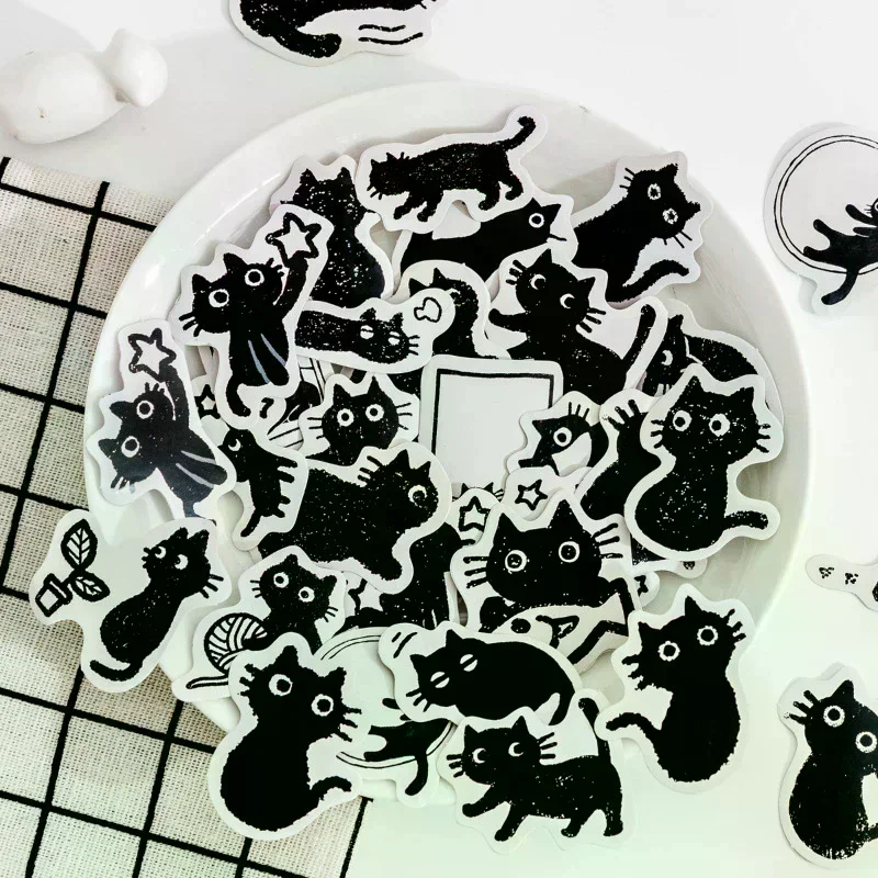 45Pcs Black Cat Theme Stickers Decoration Kawaii Cute Cats Stickers Self-adhesive Scrapbooking Stickers For Laptop Planners