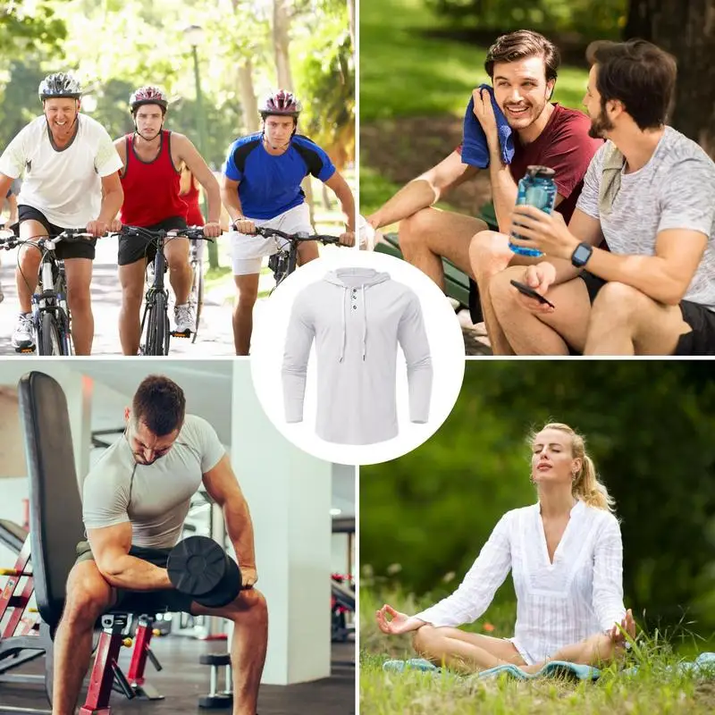 Men's Athletic Hoodies Solid Hooded Long Sleeve Top Casual Front Placket Button Neck Mens Hooded Shirt Lightweight Drawstring image 5