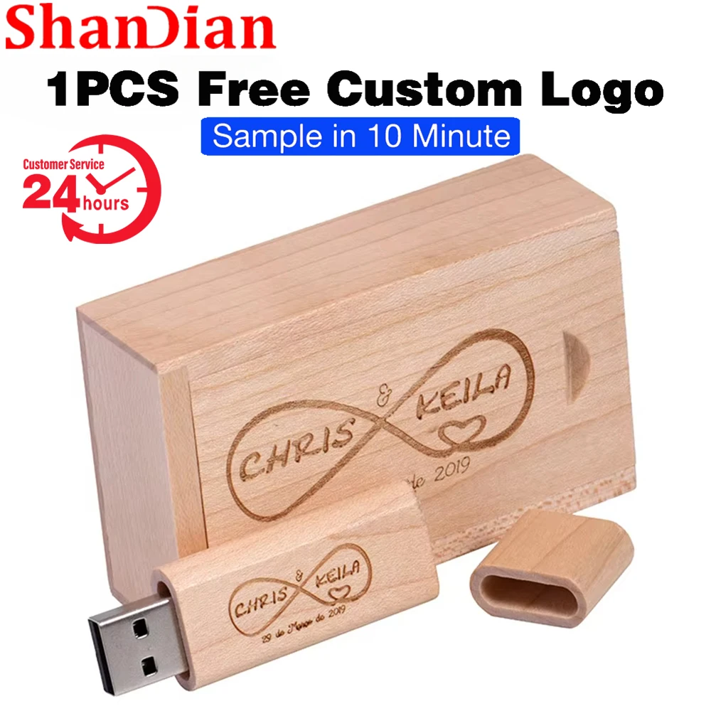 Custom Made Free LOGO Pendrive 64GB Wooden + Box USB Flash Drive 32GB Photography Gift U Disk 16GB Volume Sales Memory Stick 8GB