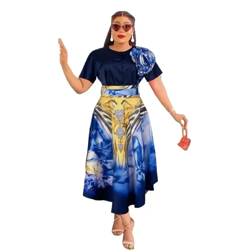 African Dresses for Women 2PCS Sets Tops And Skirts Suits Dashiki Ankara Print Outfits Plus Size Turkey Wedding Party Dress 2025