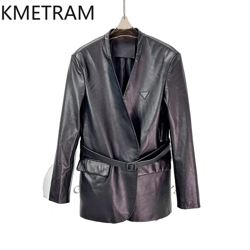 100% Real Sheepskin Jacket Woman Elegant V-neck Genuine Leather Jackets Women with Lace Up 2025 Autumn Ladies Clothes дубленка