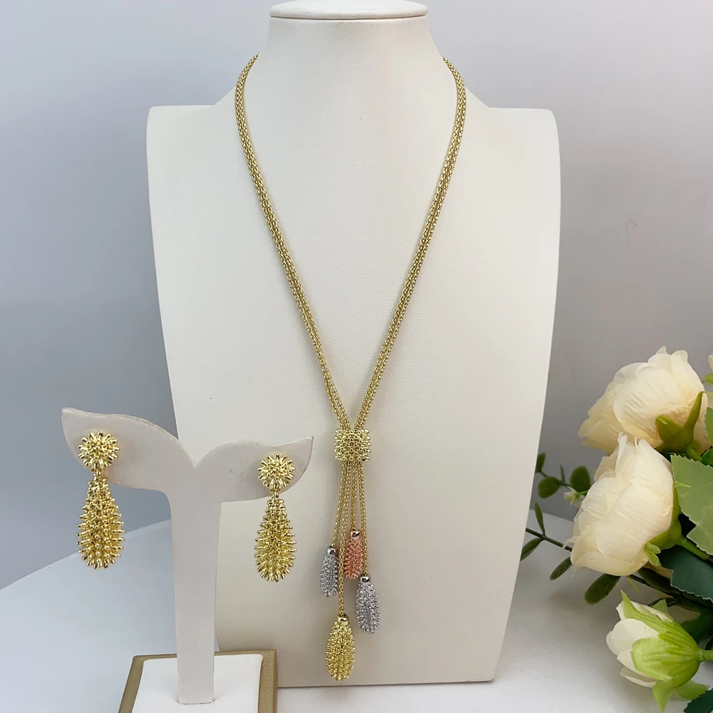

New Arrival Fashion Design Luxury Costume Dubai Gold-plated Women Jewelry Sets Long Necklace with Earrings FHK22993