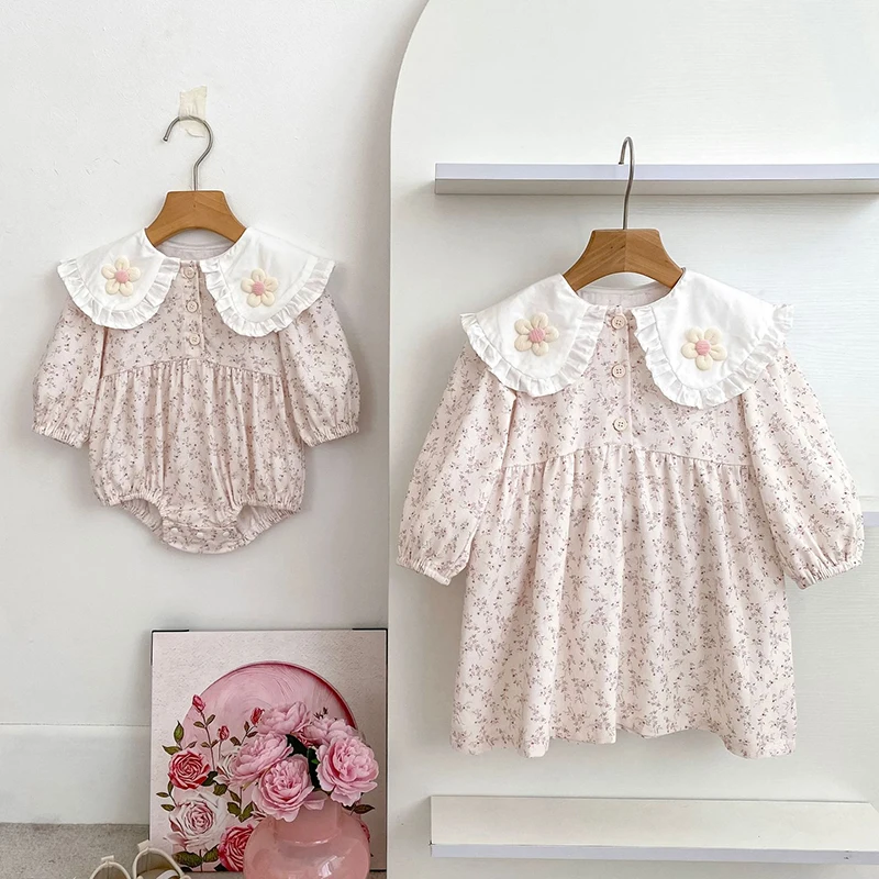 

2025 New Autumn Sister Clothes Kids Princess Dresses Baby Girl Romper Long Sleeved Cotton Print 2-6Yrs Girl Party Dress