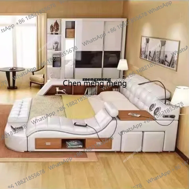 

Многофункциональная кровать-массажер из кожи, двуспальная, минималистичная, с местом для хранения, современная татами-кровать, интеллектуальная, многофункциональная, HouseX