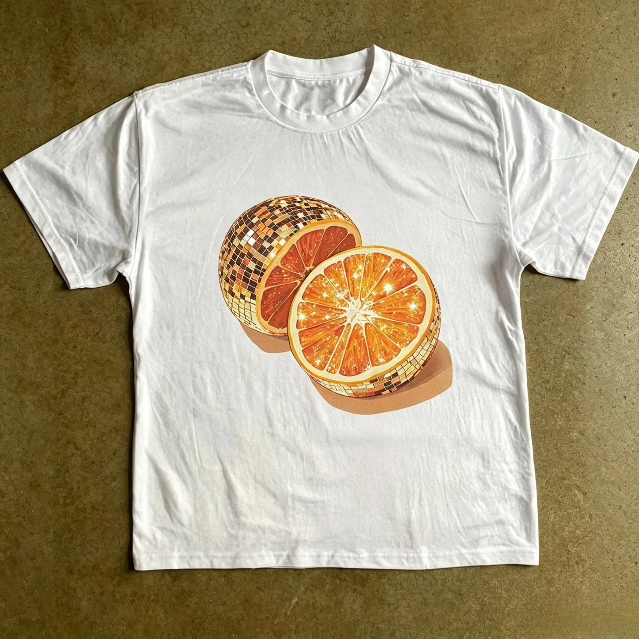 Disco Orange Slice Graphic T-shirt Men Women Fruit Disco Ball Print Short Sleeve Retro Party Casual Streetwear Tops