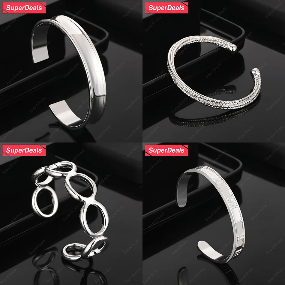 

SuperDeals 925 Sterling Silver Roman Numerals Half Circle Adjustable Opening Bangles Anniversary Party Unisex Fashion Jewelry