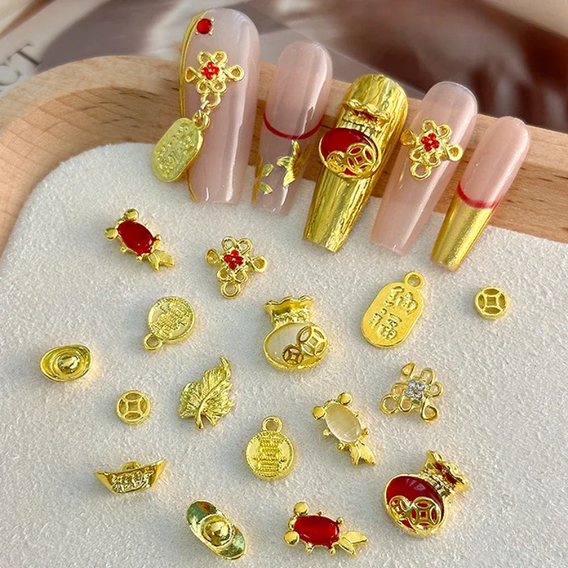 Chinese Knot Goldfish Ingot Metal Coin New Year Wealth Alloy Jewelry Lucky Bag Rich Nail Art Decoration DIY Manicure Accessories