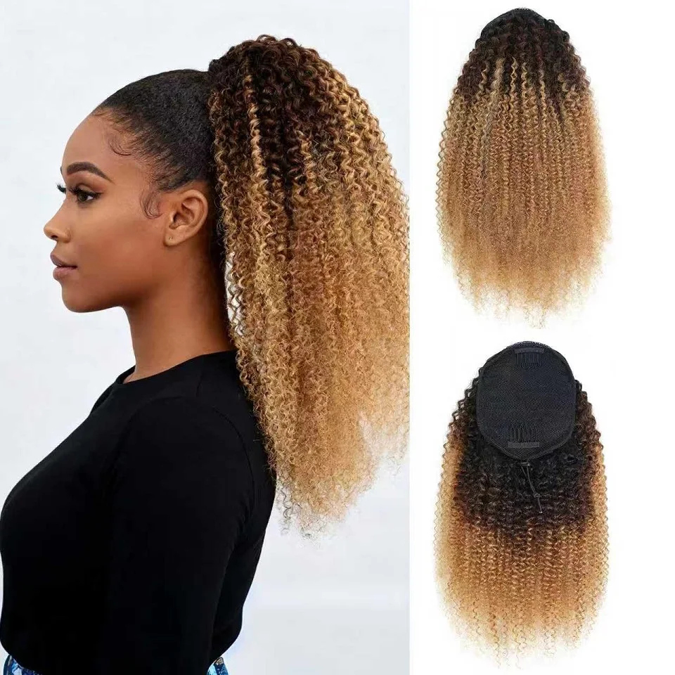 Brown/Honey Blonde Afro Puff Kinky Curly Drawstring Ponytail Hair Extension Natural Human Hair Afro-American Kinky Curly Ponytail Black to Blonde 1B/4/27 Ombre 10-24Inch for Black Women Curly Ponytail Extension Hair Pieces Afro Kinky Extension