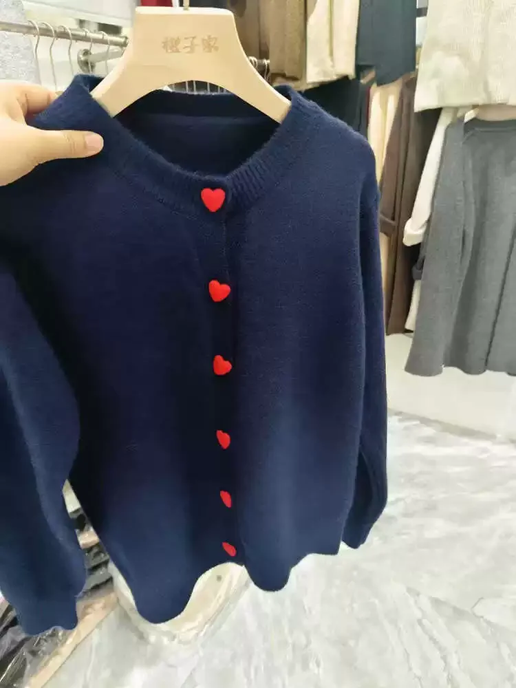 Korean Version Heart Button Sweater 2025 Spring Autumn New Long Sleeved O-neck Jacket Women's Versatile Loose Knit Cardigan Top