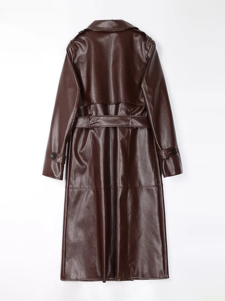 Cappotto Lungo in Pelle PU da Donna Nerazzurri con Cintura e Bottoni a Doppia Fila, Marrone, Elegante per il Pendolarismo, Nuovo Stile 202