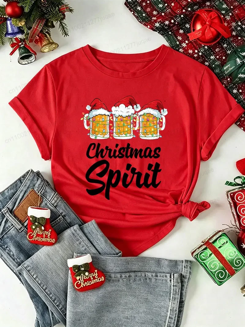 Christmas Spirit Christmas Beer Tee Shirts Red T-Shirts Beer with Santa Hat Xmas T-Shirts Drinking Party Casual Xmas Holiday Top