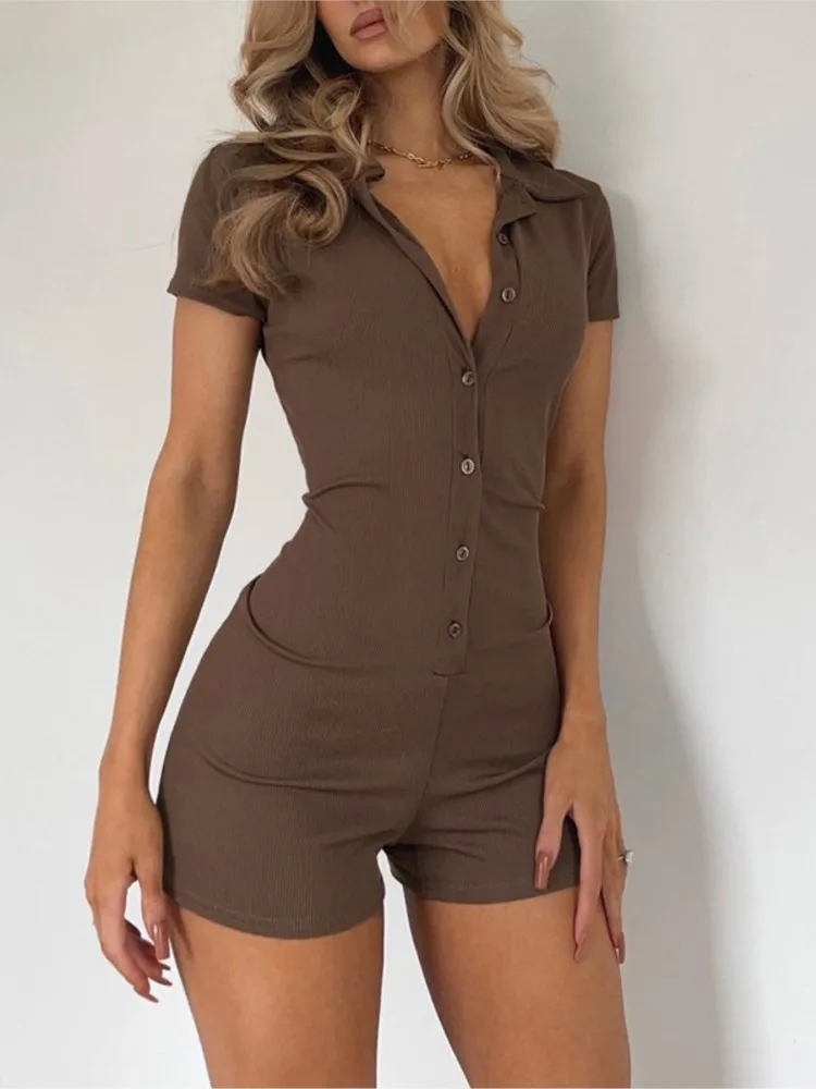 

Women's Clothing Sexy Casual Jumpsuit Short Solid Color Bodycon Short Sleeves Buttons Simple Style Package Hip Lapel Temperament