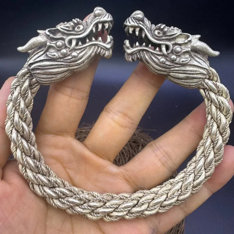 Antique Craft Twisted Wire Cuff, Filigree Tibetan Copper Dragon Wristband Retro Old Look Jewelry